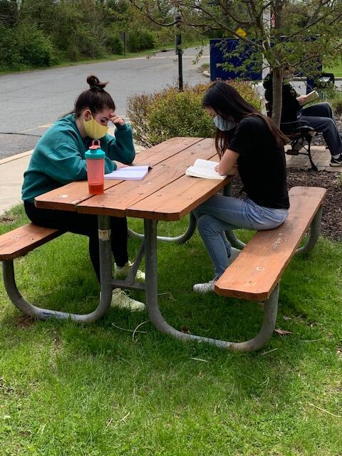 students reading at a picnic table